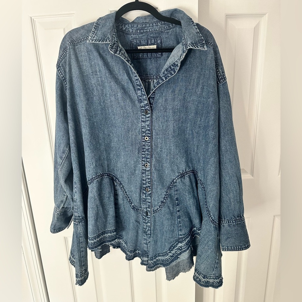 Free People Blue Denim Button-Up Jacket